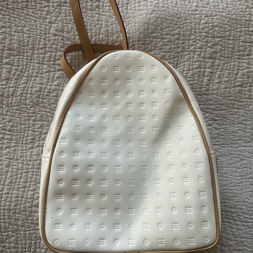 Arcadia White, and Tan Patent Leather backpack